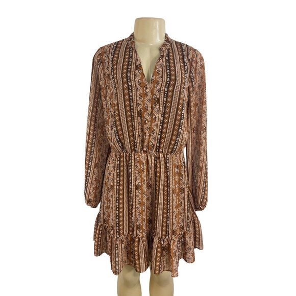 Charming Charlie Women's Brown Printed Long Sleeve Dress Sz M - Picture 1 of 9